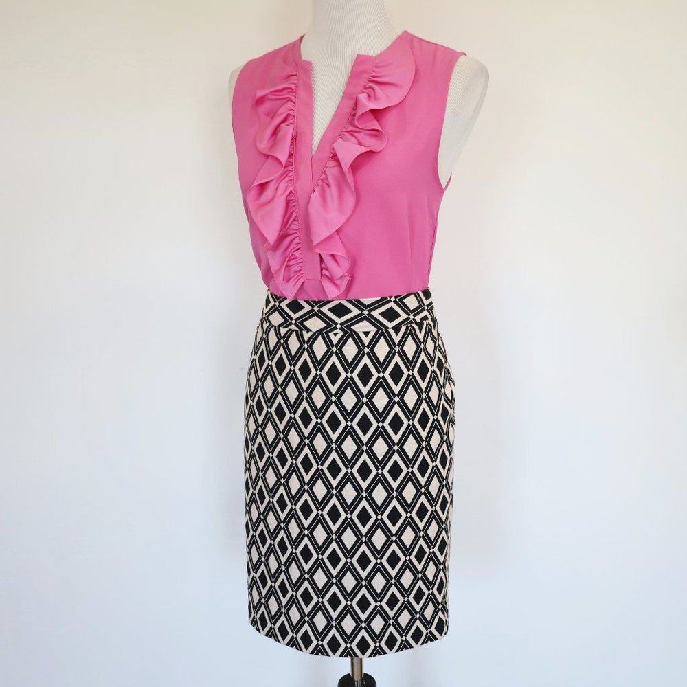 J. CREW Size 6 Black Ivory Pink Skirt Blouse Set Career Suit